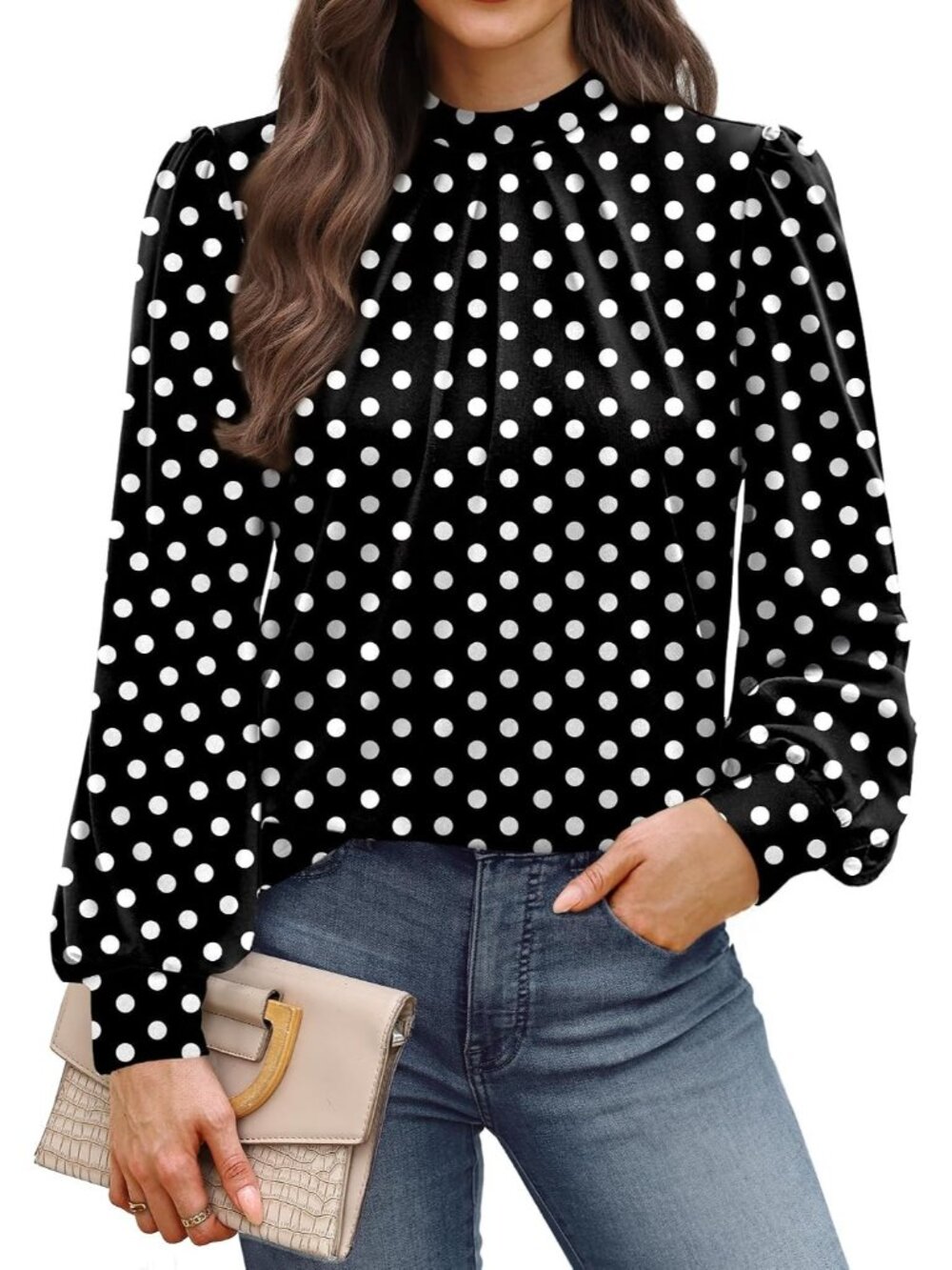 👗 Women's Black Polka Dot Long Sleeve Shirts Pleated Front Blouses Mock Neck To